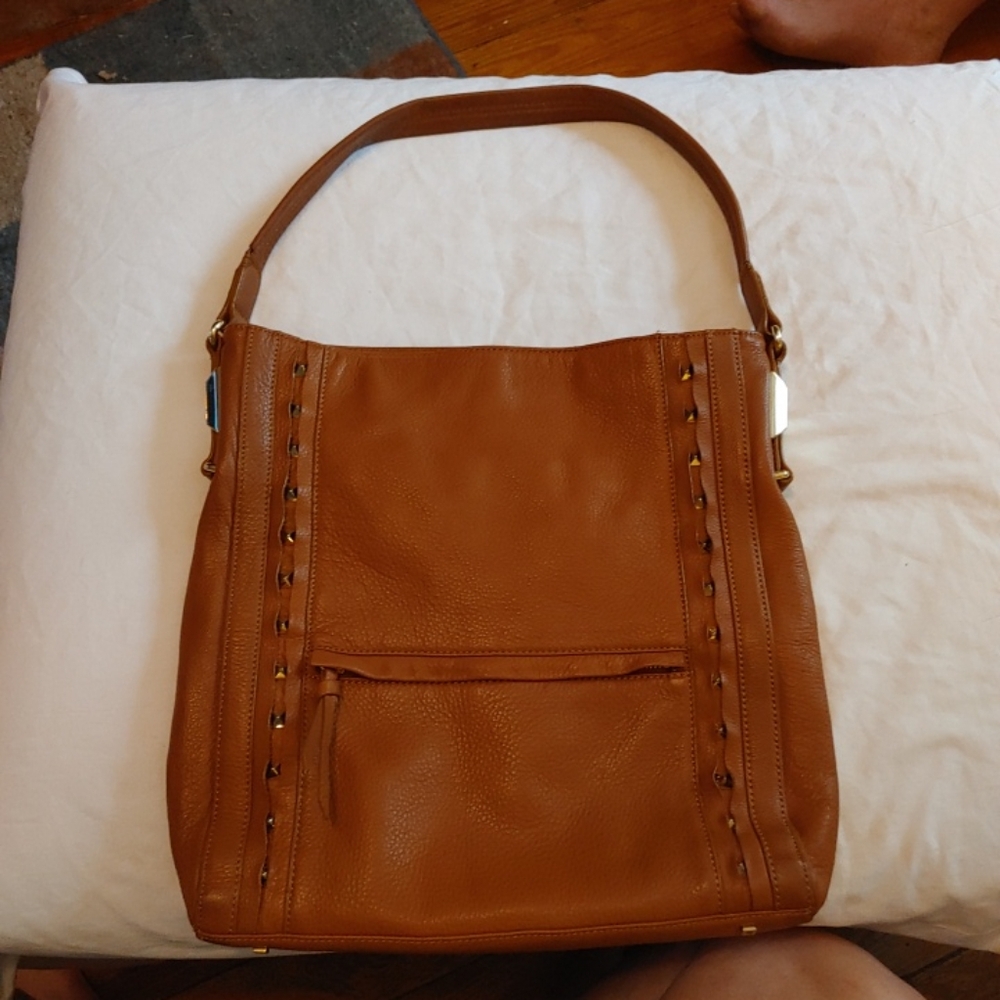 Vince Camuto Brown Leather Large  6 Pockets Hobo Bag 14"X15" Gold tone accents